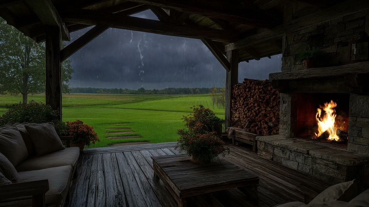 Quiet Thunder & Rain with a Cozy Fire 🔥 Storm Porch Ambience for Relaxation & Focus