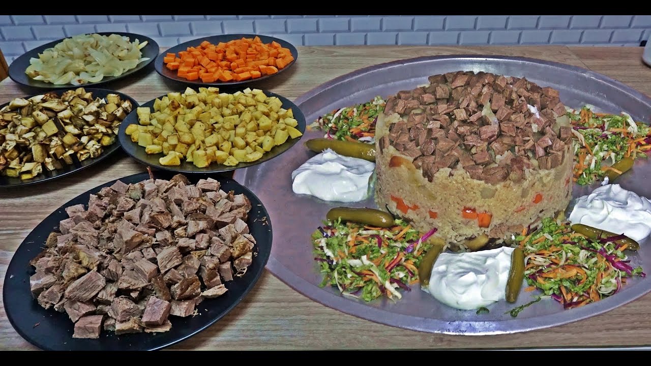 Maklube Meat And Vegetable Rice Recipe Feast With Salad And Strained Yogurt Pilaff