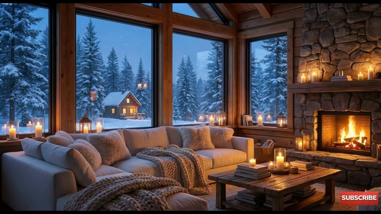 Relaxing Piano Music | Cozy Winter Cabin & Fireplace Ambience