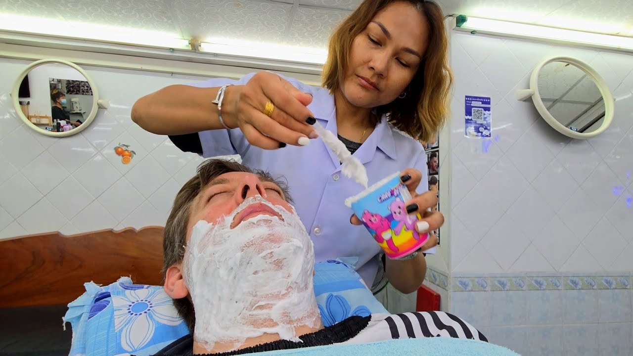 $4 ASMR BARBER SHAVE by Female Razor Artist. Pattaya, Thailand 🇹🇭