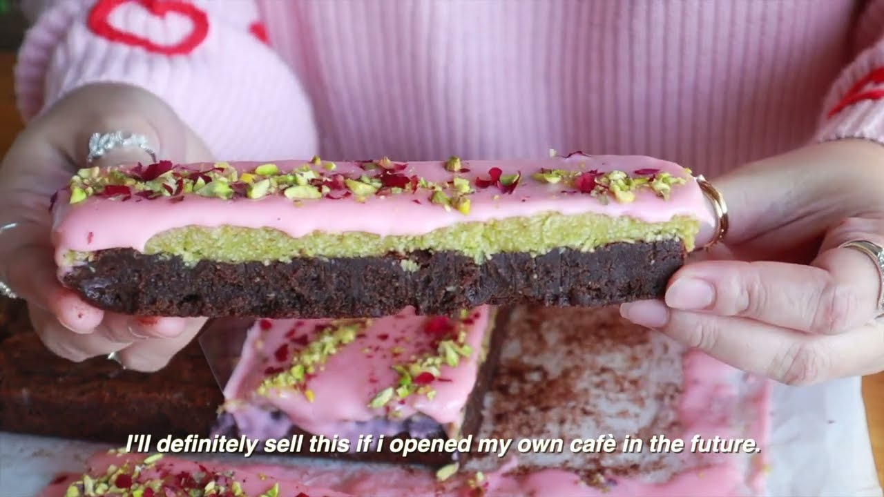Pastry Chef Bakes Rose Pistachio Chewy Brownie Bar (Dubai Chocolate-Inspired Bar)