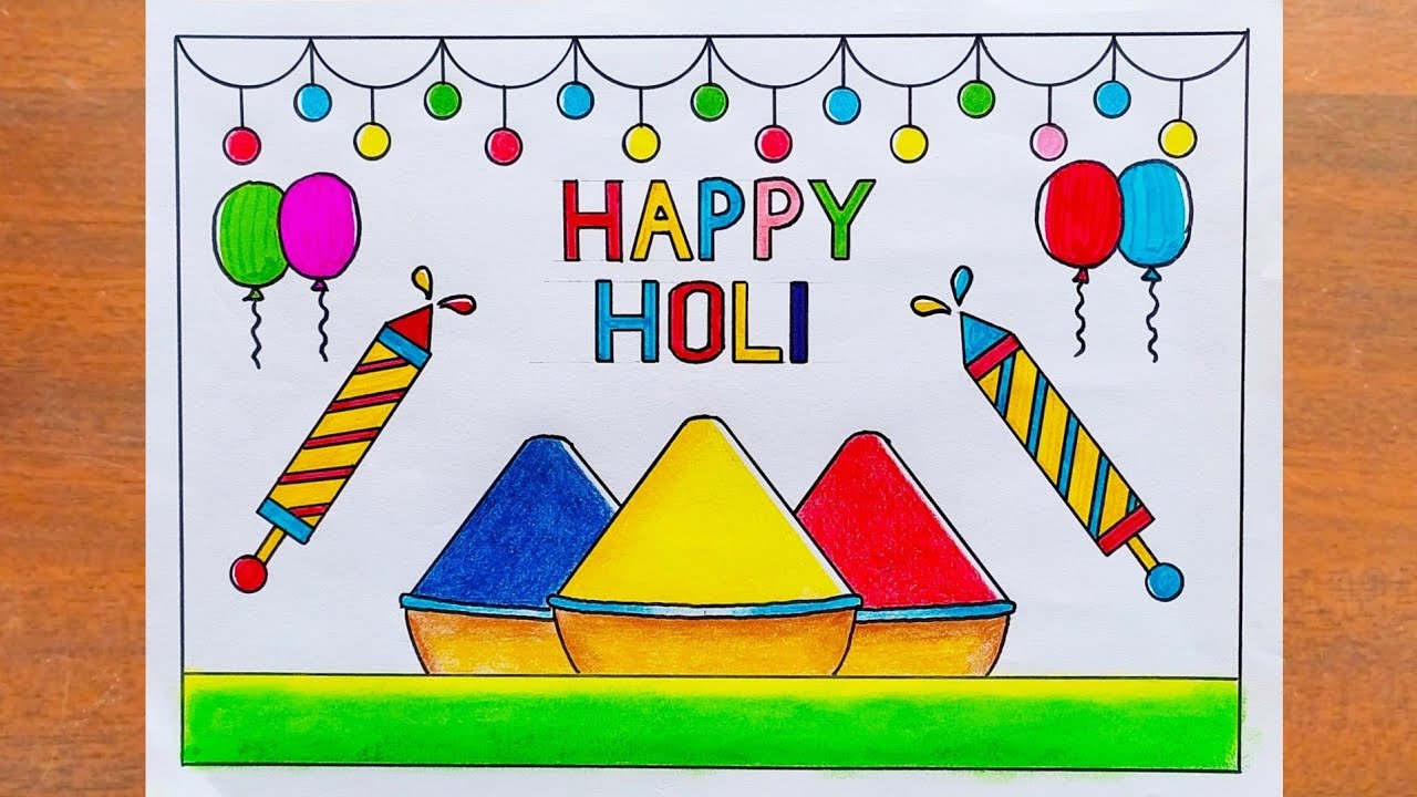 Holi Drawing / Happy Holi Poster Drawing Easy Steps / Holi Festival Drawing / Holi Special Drawing 