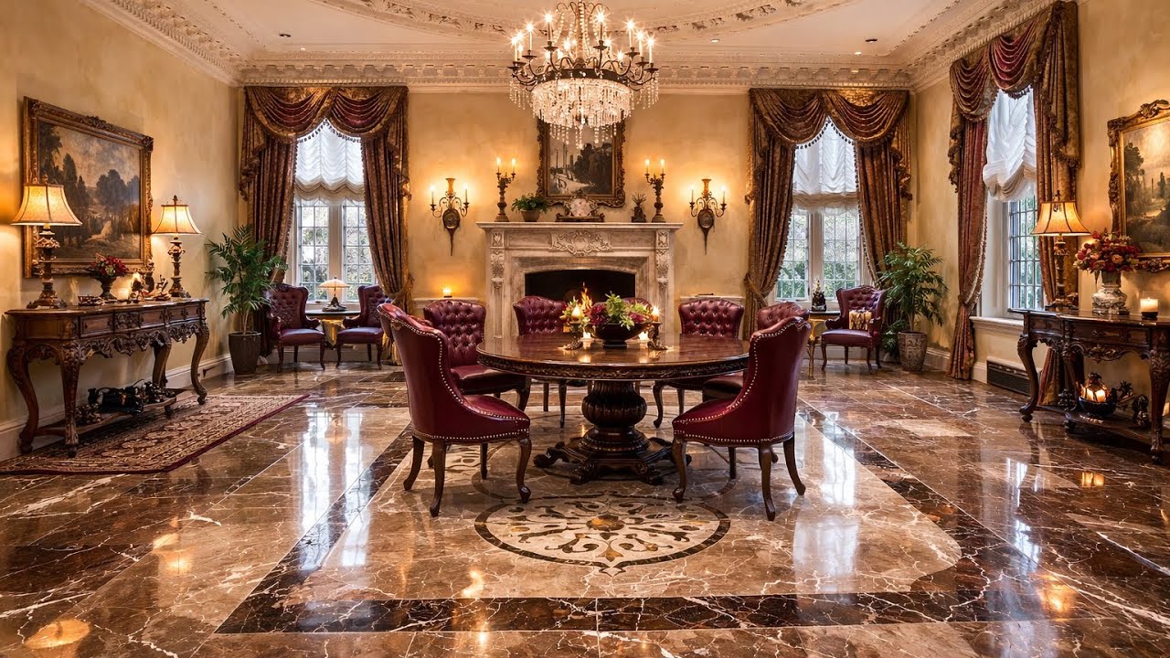Luxury Mansion Ambience | Elegant Grand Salon with Fireplace, Chandelier & Marble Floors