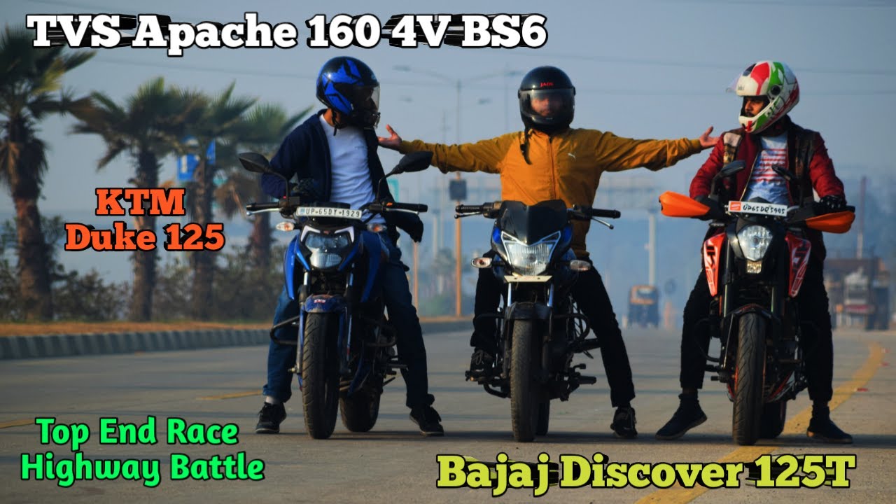 TVS Apache 160 4V BS6 Vs KTM Duke 125 Vs Bajaj Discover 125T | Top End | Drag Race | UP65 Racers