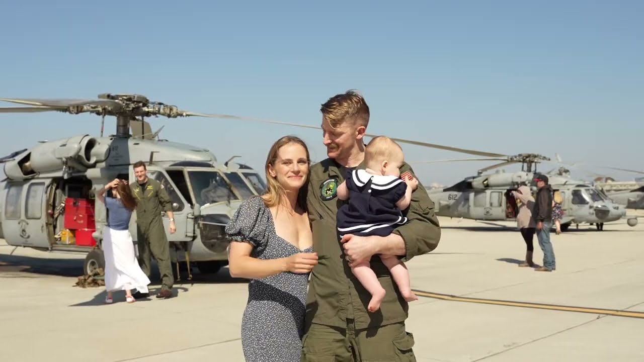 Baby girl sees Navy Dad arrive in Helicopter home from deployment for his homecoming