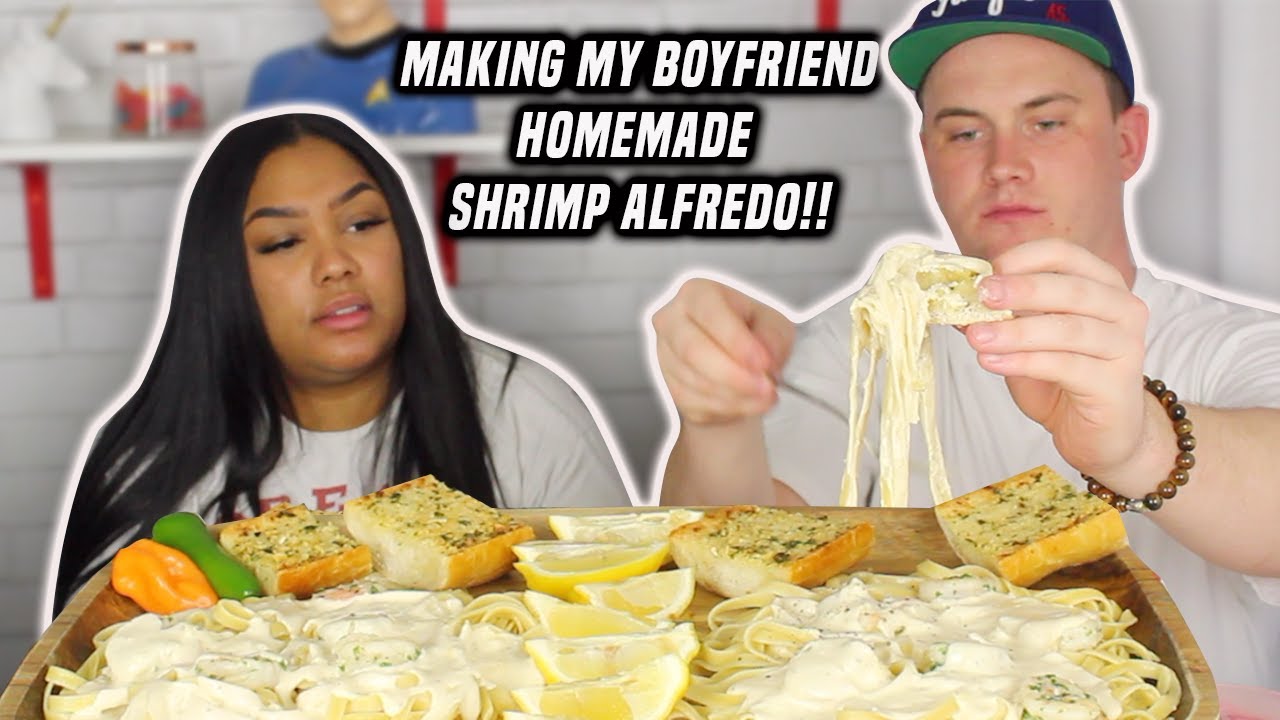 HOMEMADE FETTUCCINE ALFREDO  W/ SHRIMP| RECIPE + MUKBANG