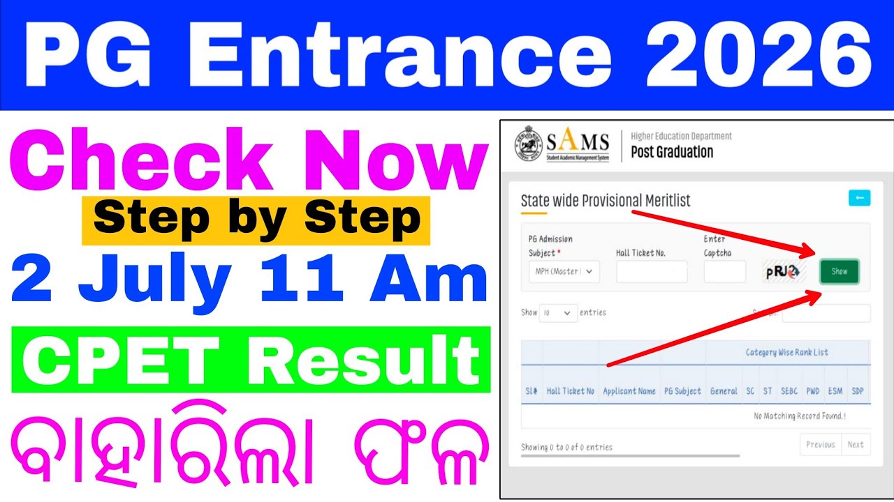 CPET PG Entrance Result Published 2026//How to Check CPET PG Entrance Result Online//Odisha PG Exam