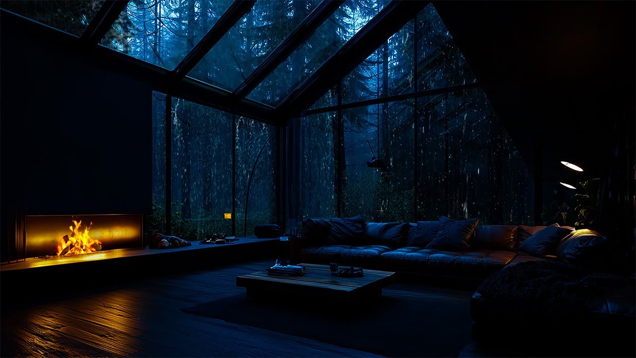Gentle Storm in a Forest Cabin with Fireplace Sounds – Peaceful Rain & Relaxation