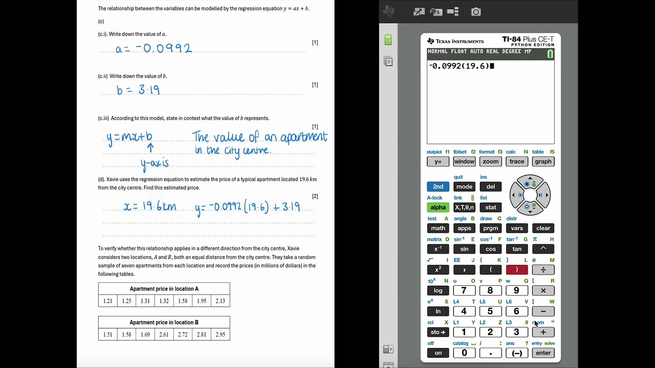Bi-variate data and t-tests - SLAI Paper 2 worked example with TI-84