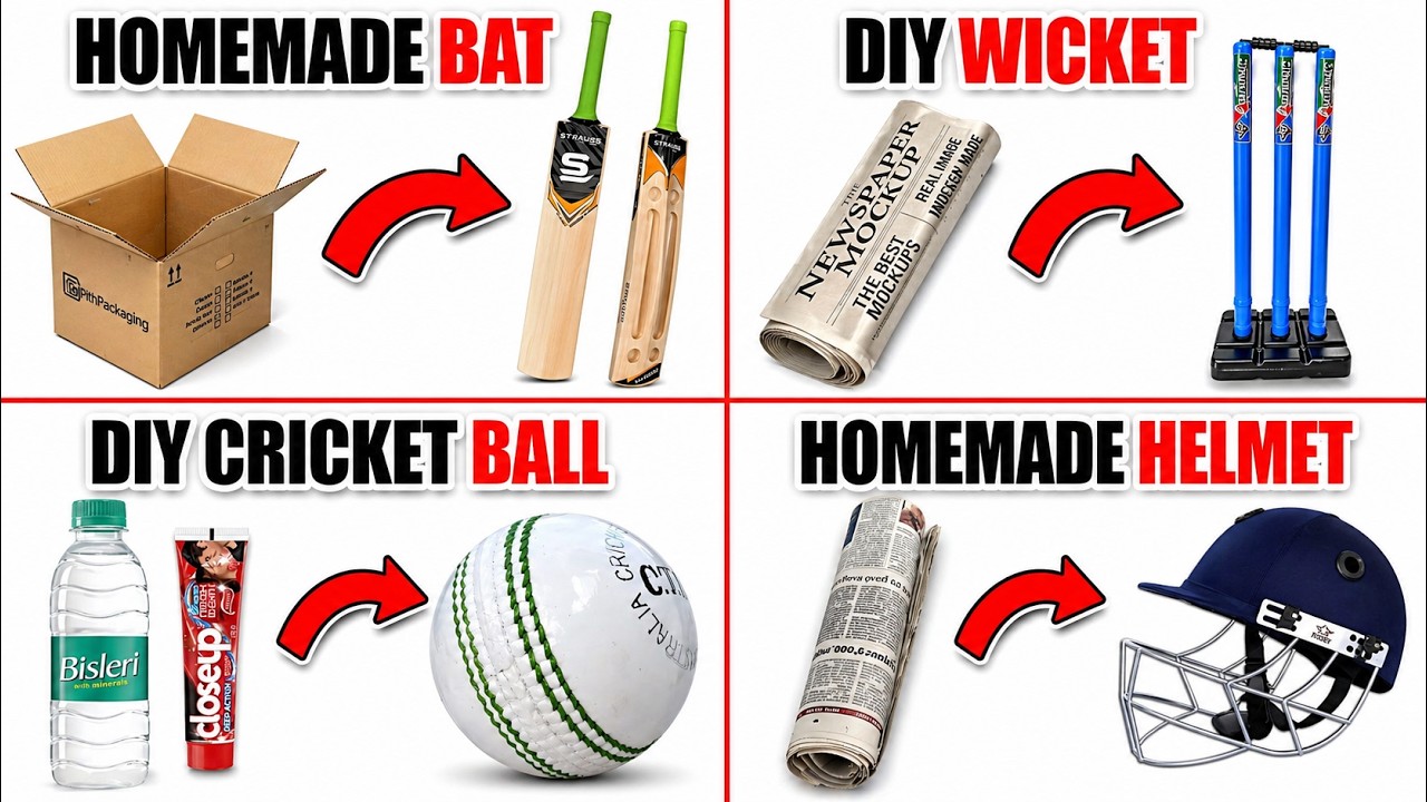 Homemade Cricket Bat, Ball, Wicket, Helmet Making Ideas | how to make cricket kits at home #cricket