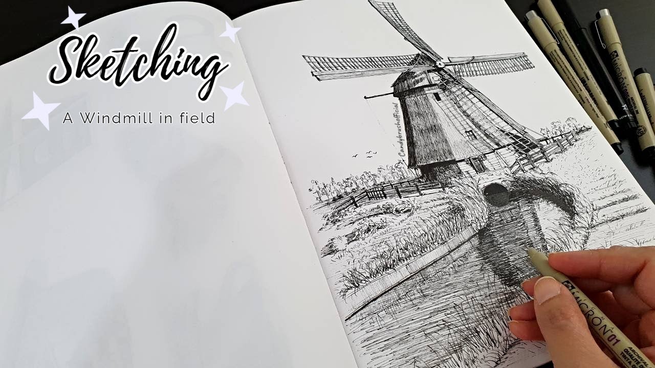 Pen & Ink Drawing #50 | Sketching A Windmill in field