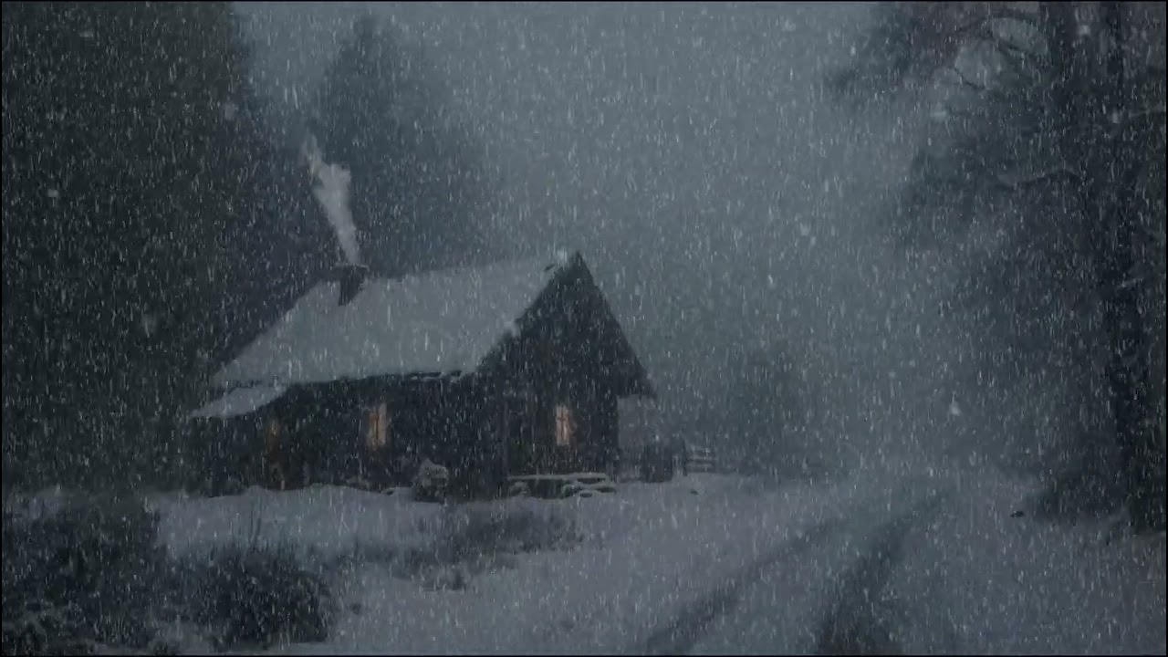 Dark Winter Night Heavy Snowfall | Peaceful Cabin Storm Sounds