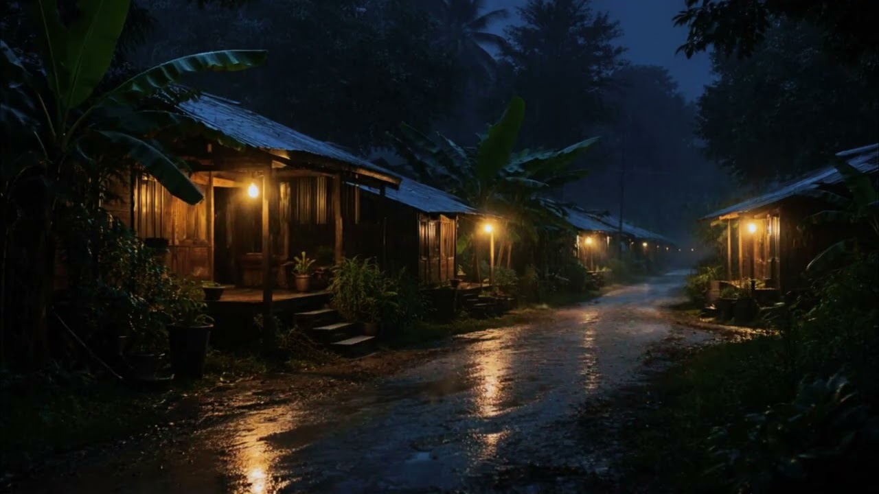 Soft Rain on Village Homes at Night – Insomnia Relief & Relaxation