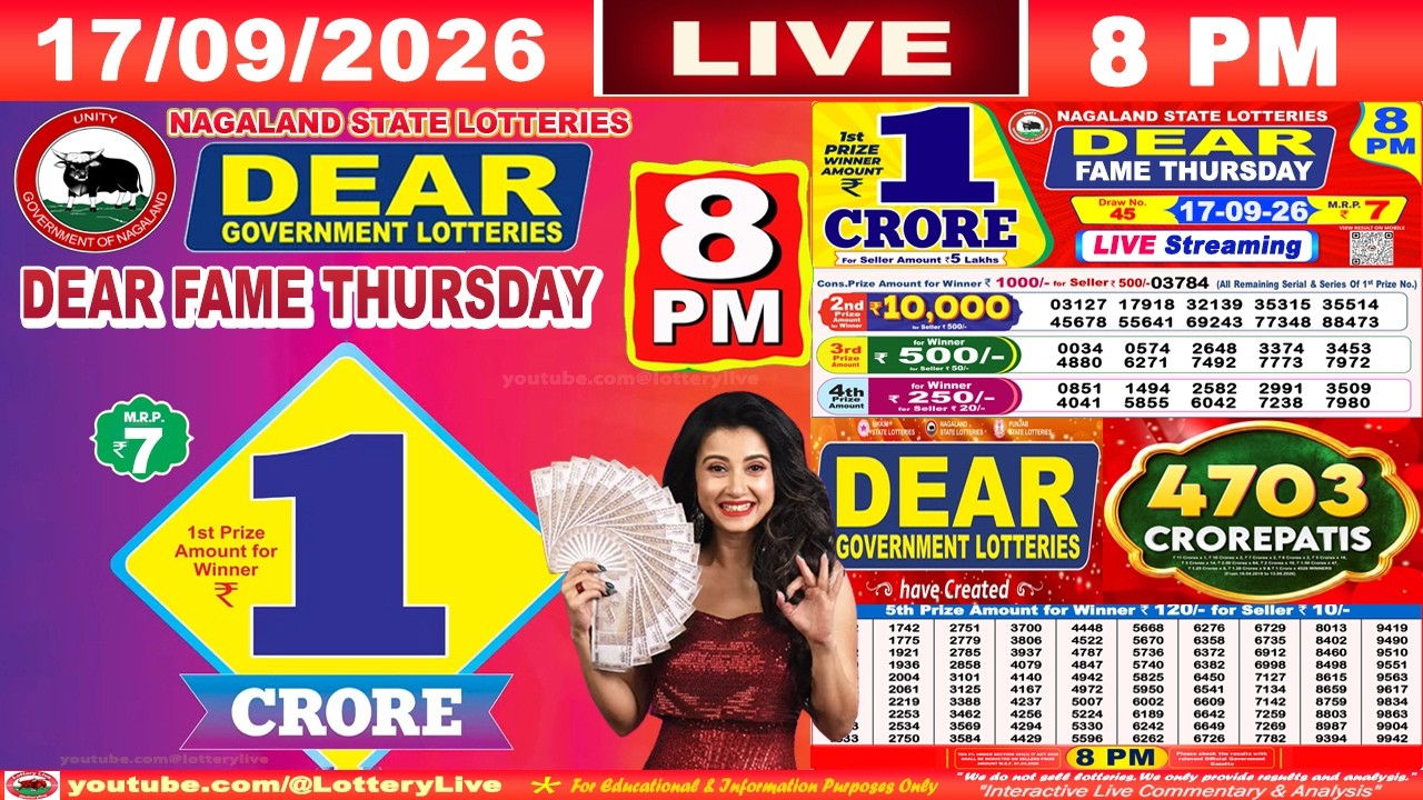 [LIVE] Lottery 8:00 PM Dear Nagaland state lottery live draw result 17.09.2026 | Lottery live