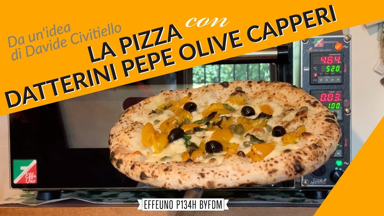 Pizza con datterini gialli, fiordilatte, capperi, olive e pepe
