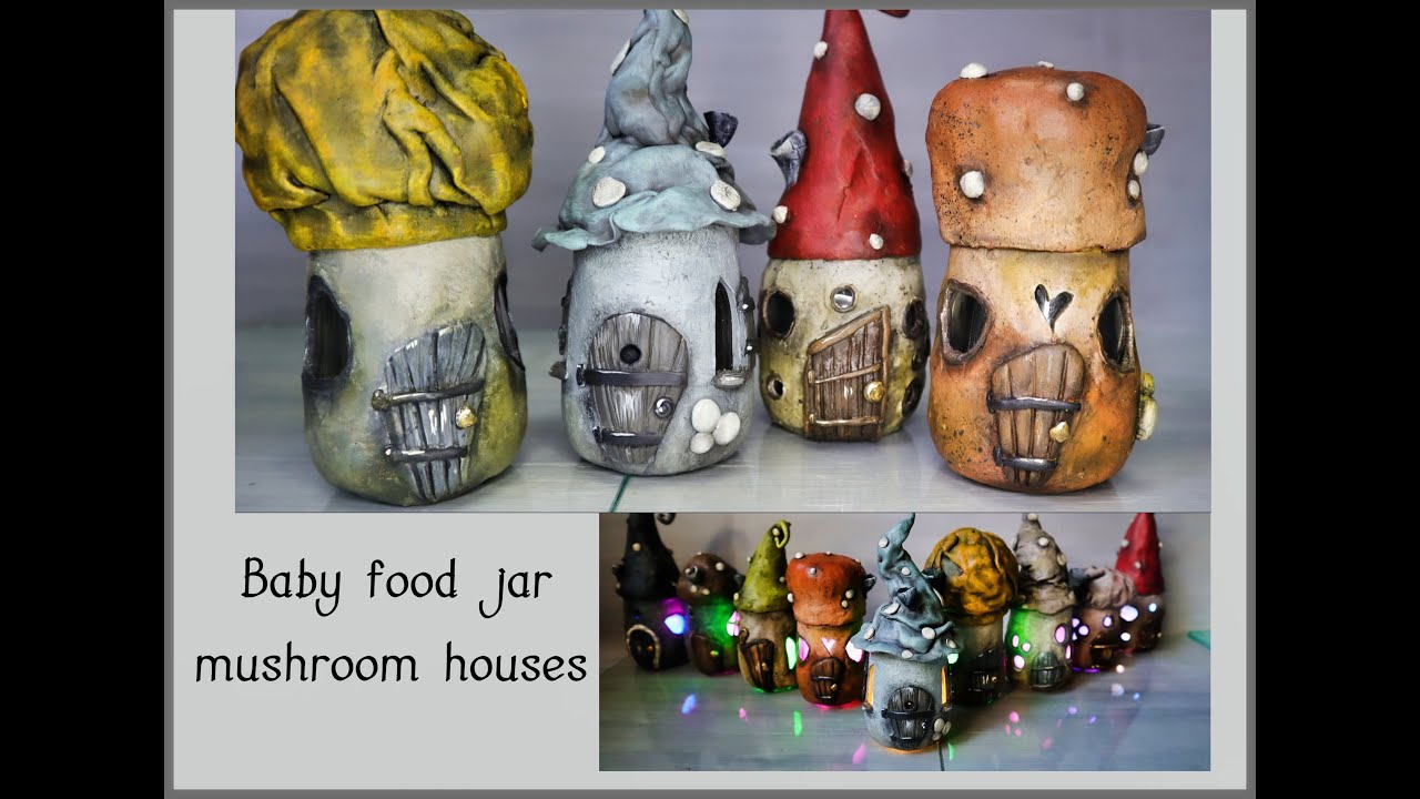 Baby food jar / upcyled art / fairy mushroom house / clay mushroom house /  DIY How to fairy house