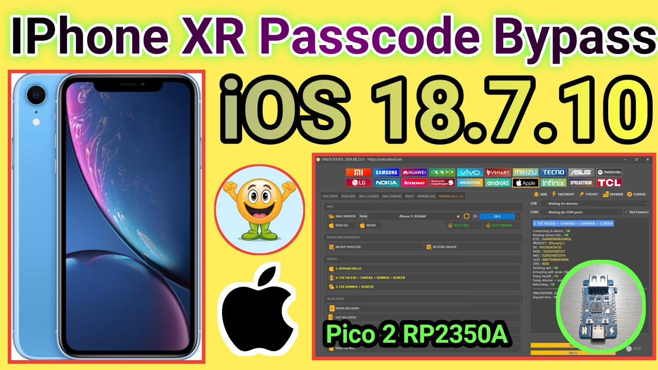 IPhone XR, XS, XS Max Passcode Bypass iOS 26.6.1 by Unlock Tool with Pico 2 RP2350A | 2026