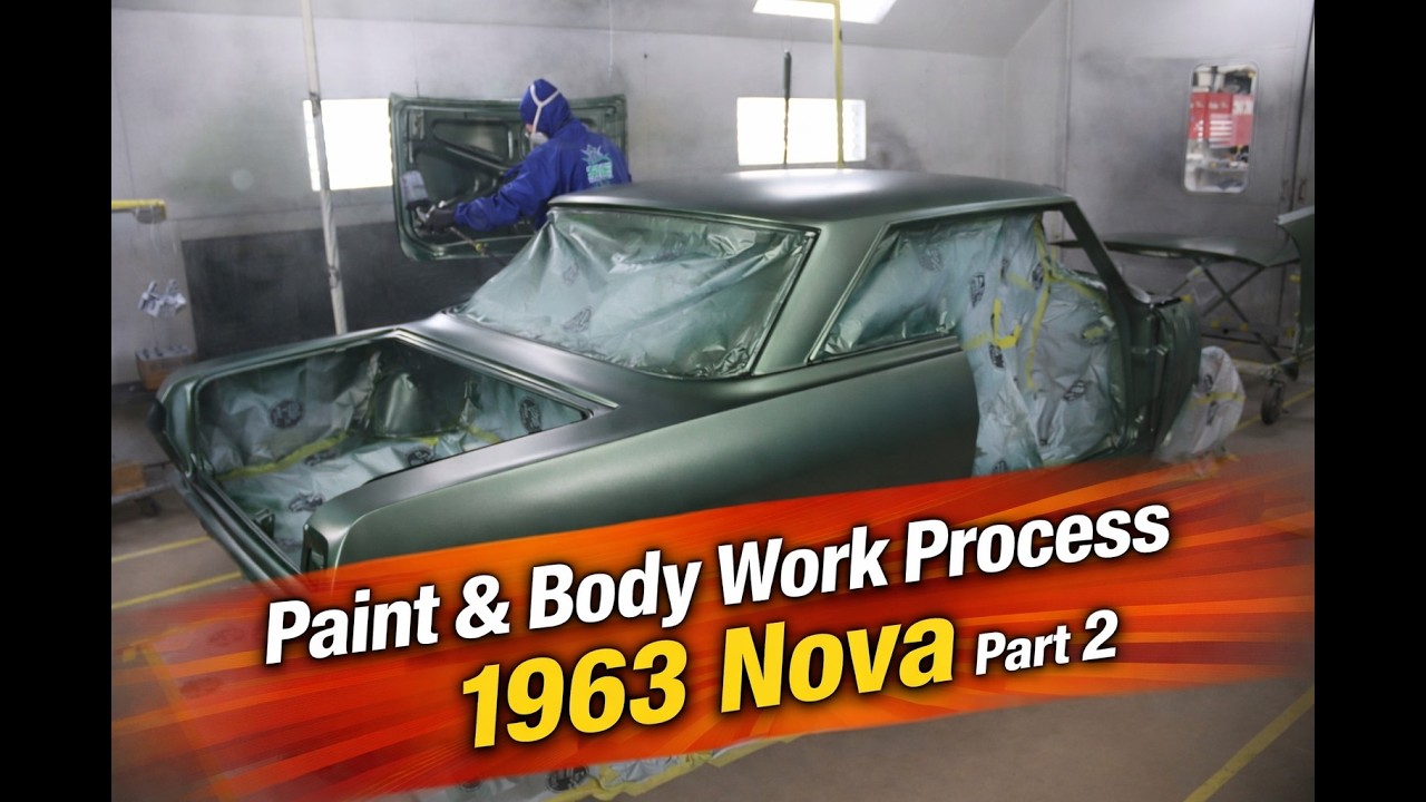 1963 Chevy II Nova paint. Laying down sealer and base coats at MetalWorks. Part 2 of paint job video