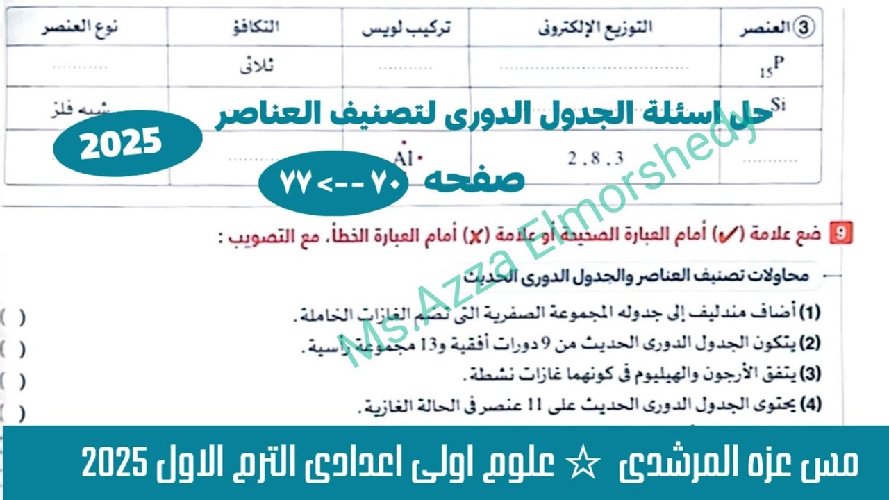 حل اسئلة الجدول الدورى لتصنيف العناصر كتاب الامتحان علوم اولى اعدادى الترم الاول 2025