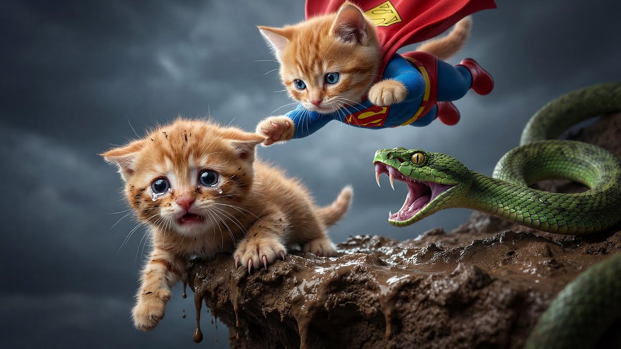 No Place to Run — Super Kitten Trapped Between a Snake and a Crocodile