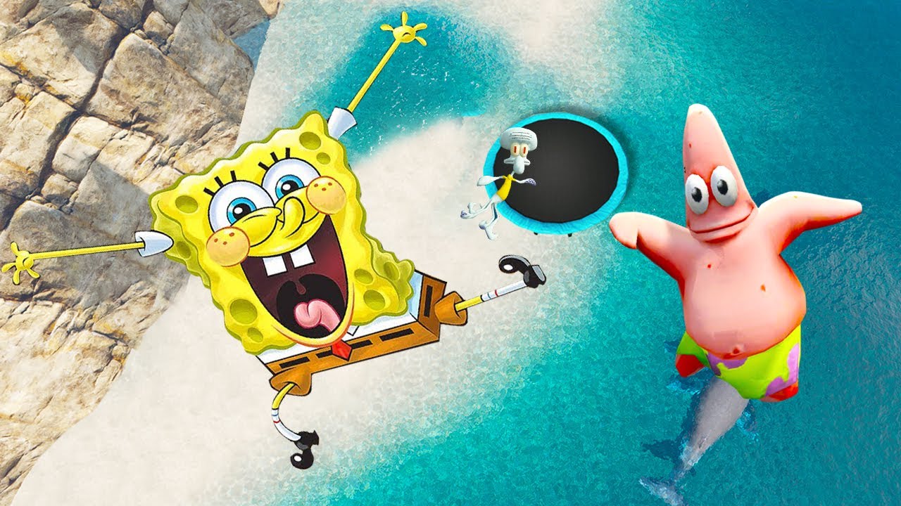 GTA5 SpongeBob, Patrick,  Squidward, Plankton Trampoline Jumps & fails ep.12 ( Euphoria Physics )