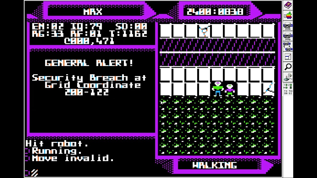 2400 AD Apple IIe gameplay video for achieving maximum stats quickly
