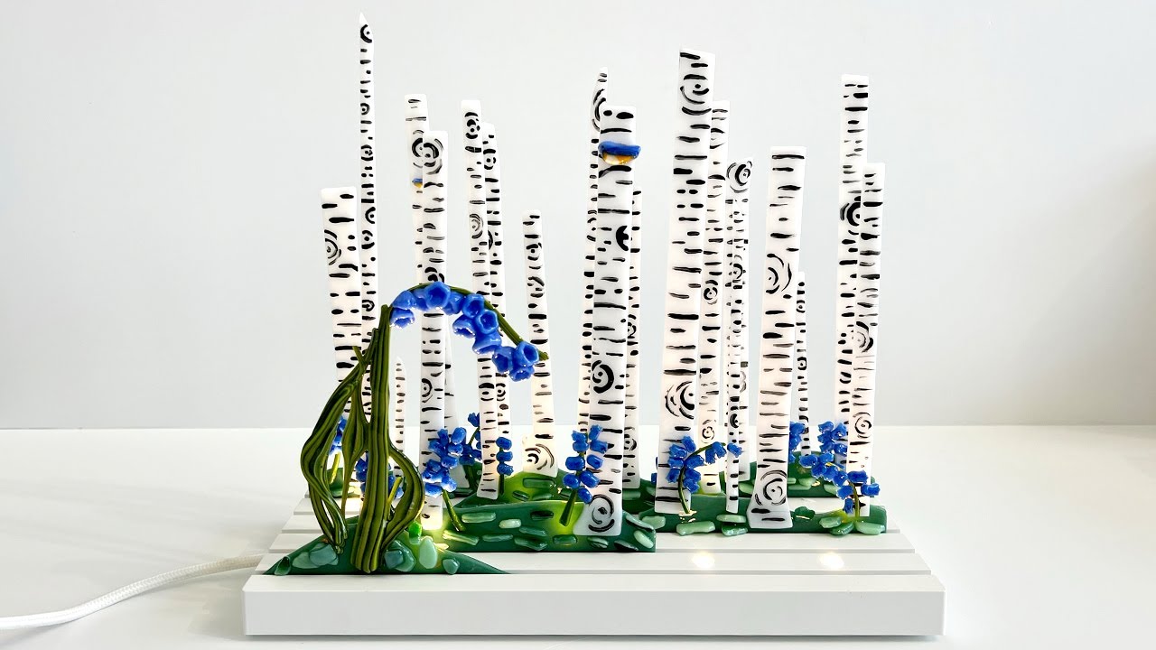 Fused Glass Bluebells in a Silver Birch Forest