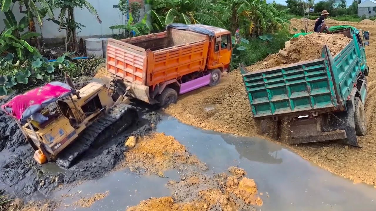 Incredible SKILLED Operator Komatsu bulldozer RESCUE Dump Truck Moving Rock Reclaims Lotus Pond