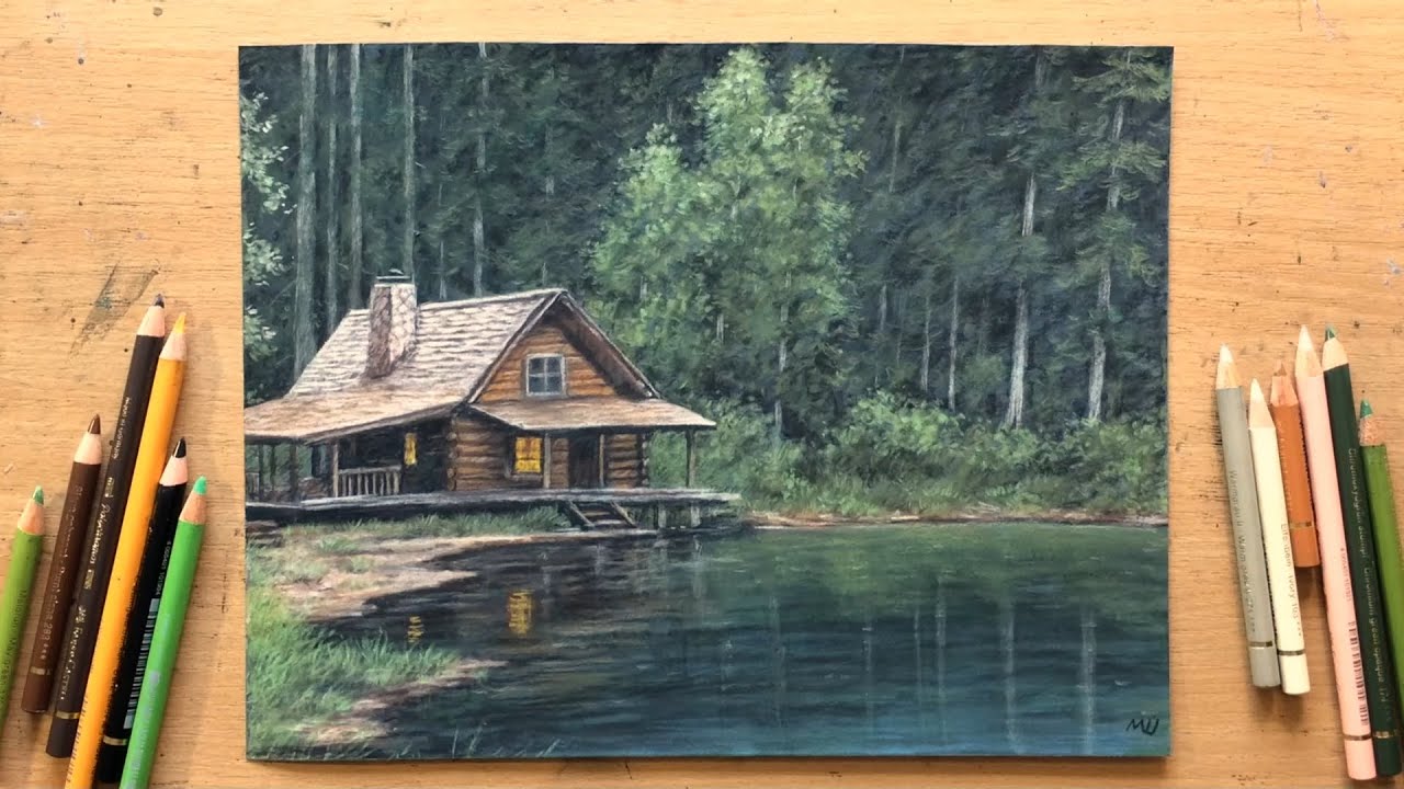 Log Cabin on a Lake - Colored Pencil Landscape Drawing