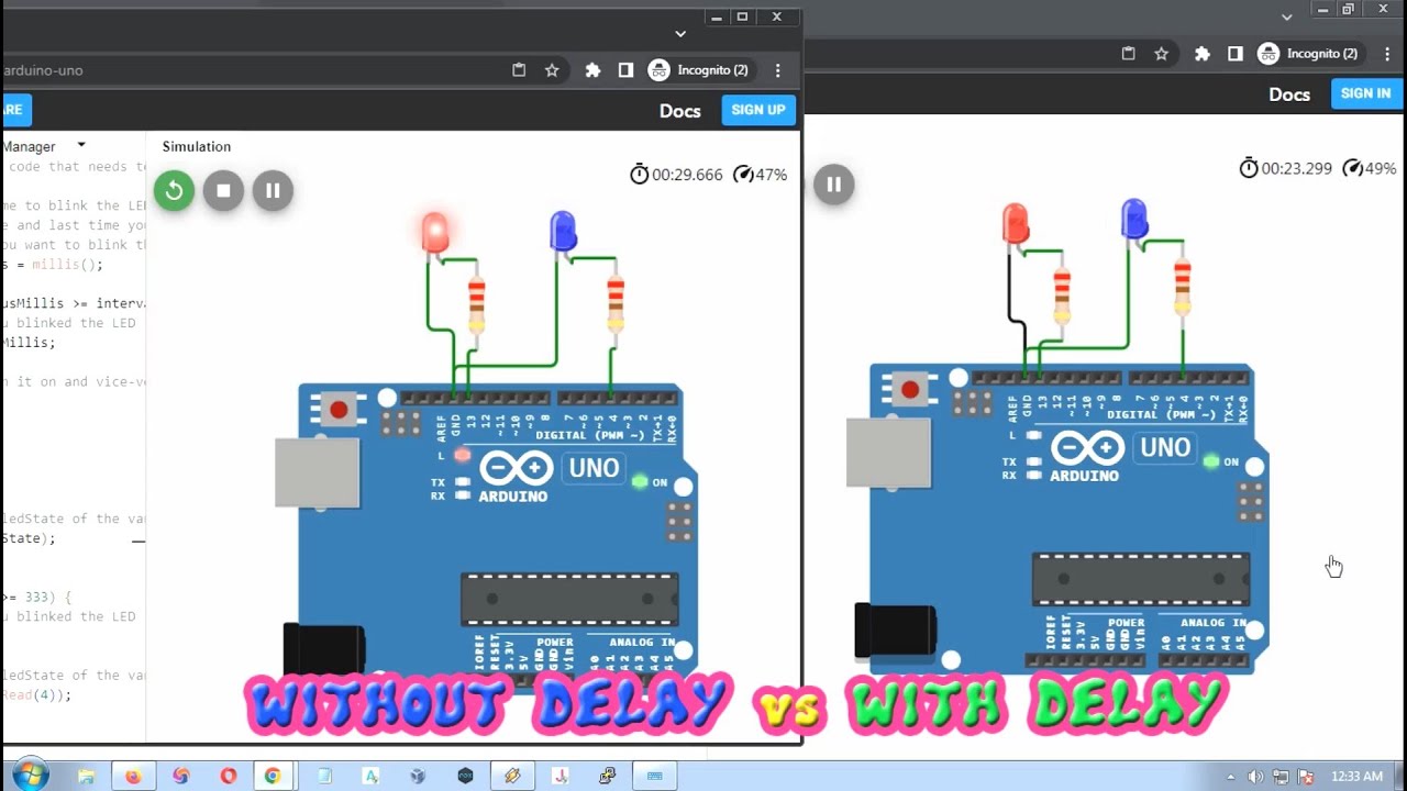 Мигание с задержкой против без задержки Arduino Wokwi Simulator для начинающих