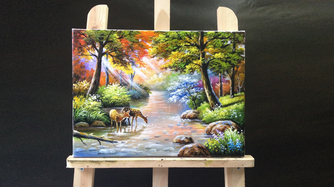 Deer Drinking Stream Water Acrylics Painting