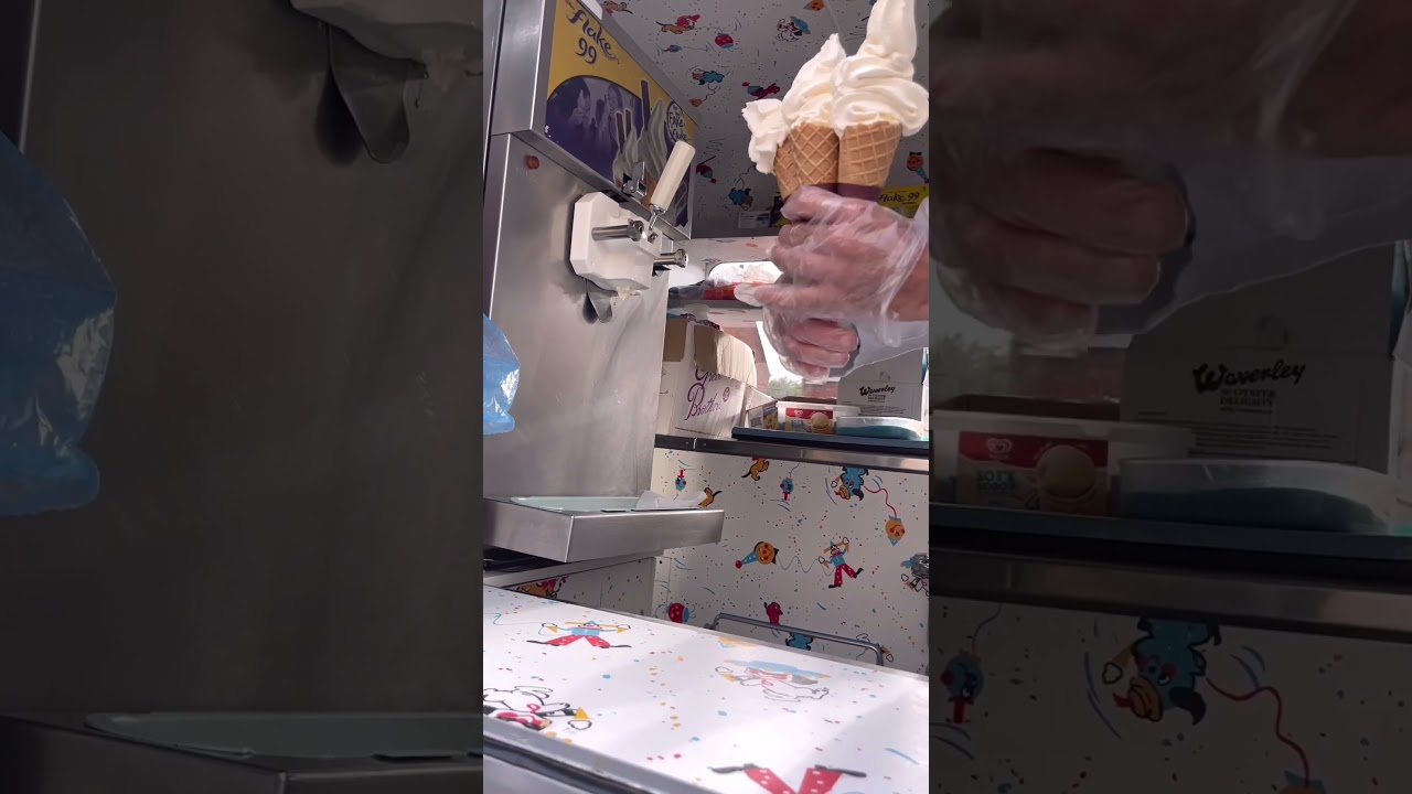 3 waffle cones with strawberry sauce on top #desserts #icecream #icecreamvan