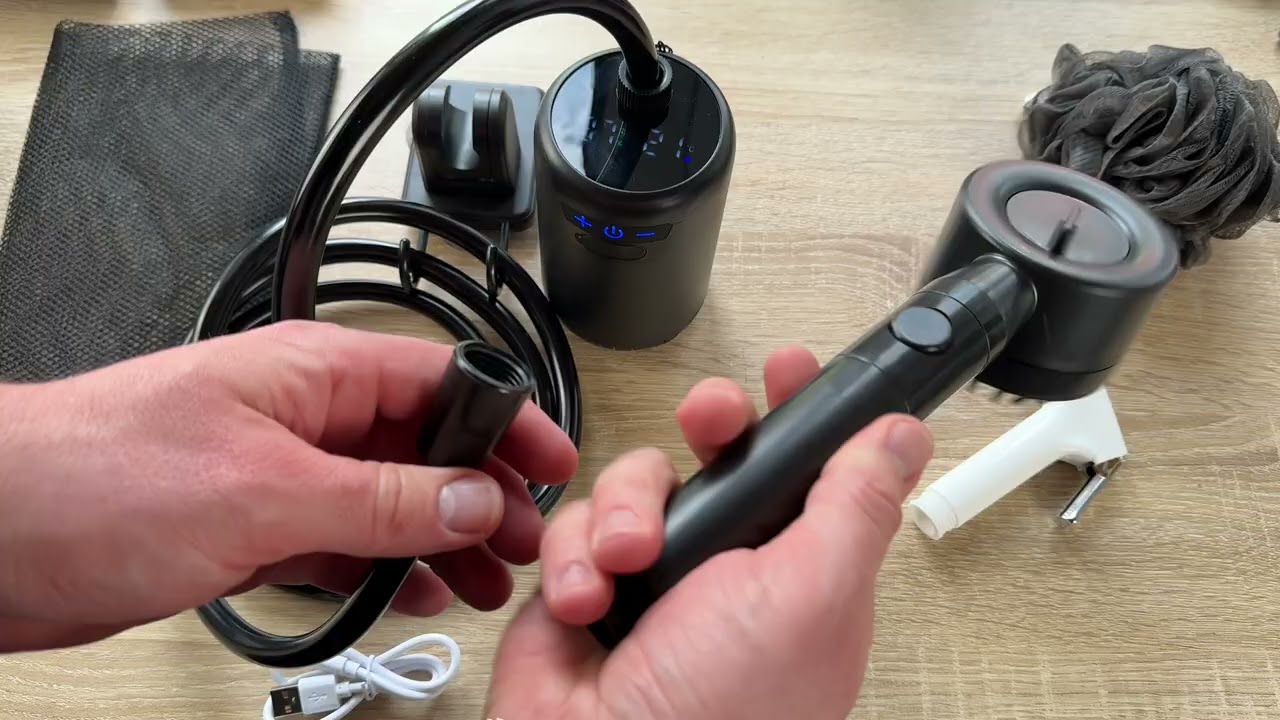 Camping Shower 8000mAh Portable Camping Shower Battery with Pump for Outdoor unboxing & instructions