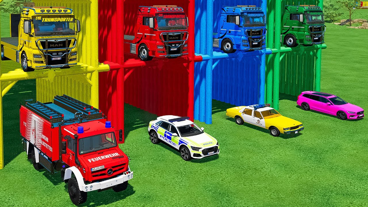 AUDI Q8, CHEVROLET, MERCEDES, FORD and AMBULANCE TRANSPORTING with MAN TRUCKS! Farming Simulator 22