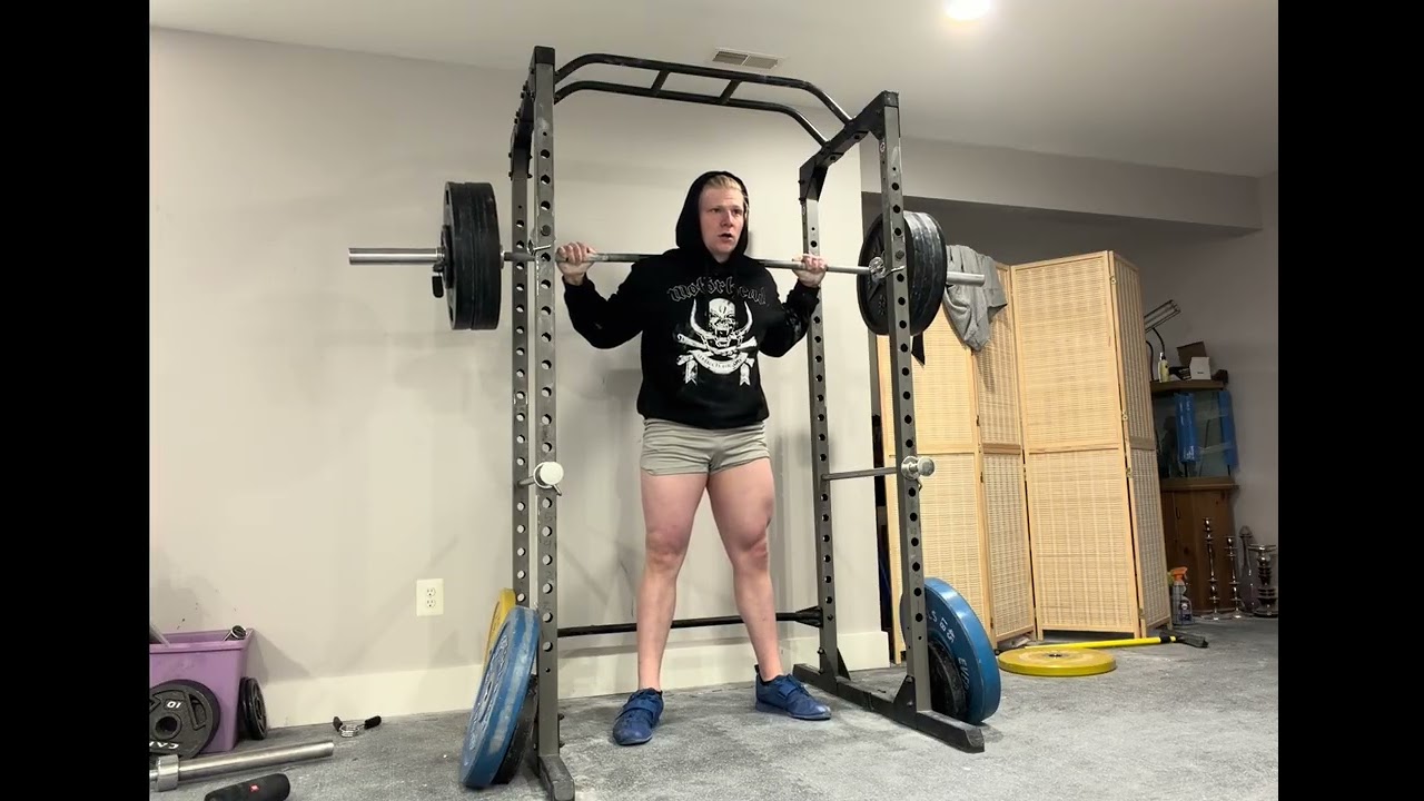 High bar squat: 415x10 no belt or sleeves. SSB front squat 315x12