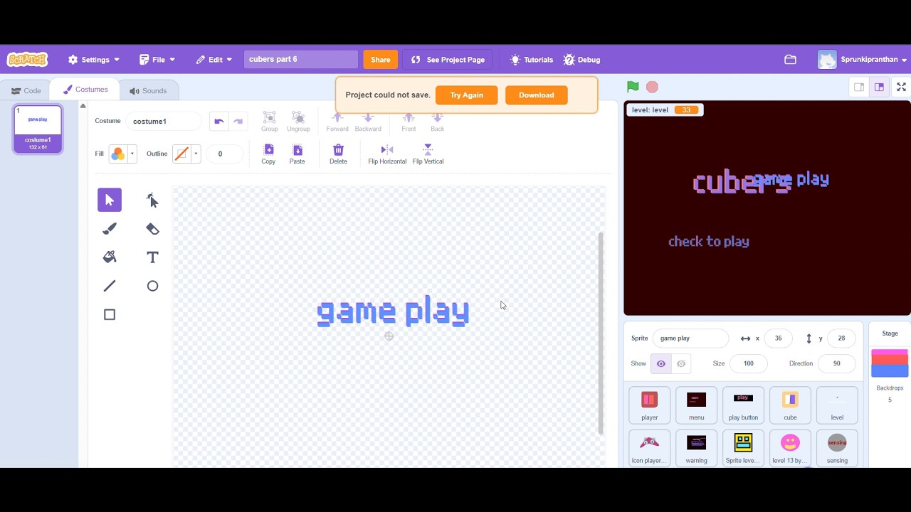 How to make Cubers Game on Scratch Part 6 doing game play by Tej