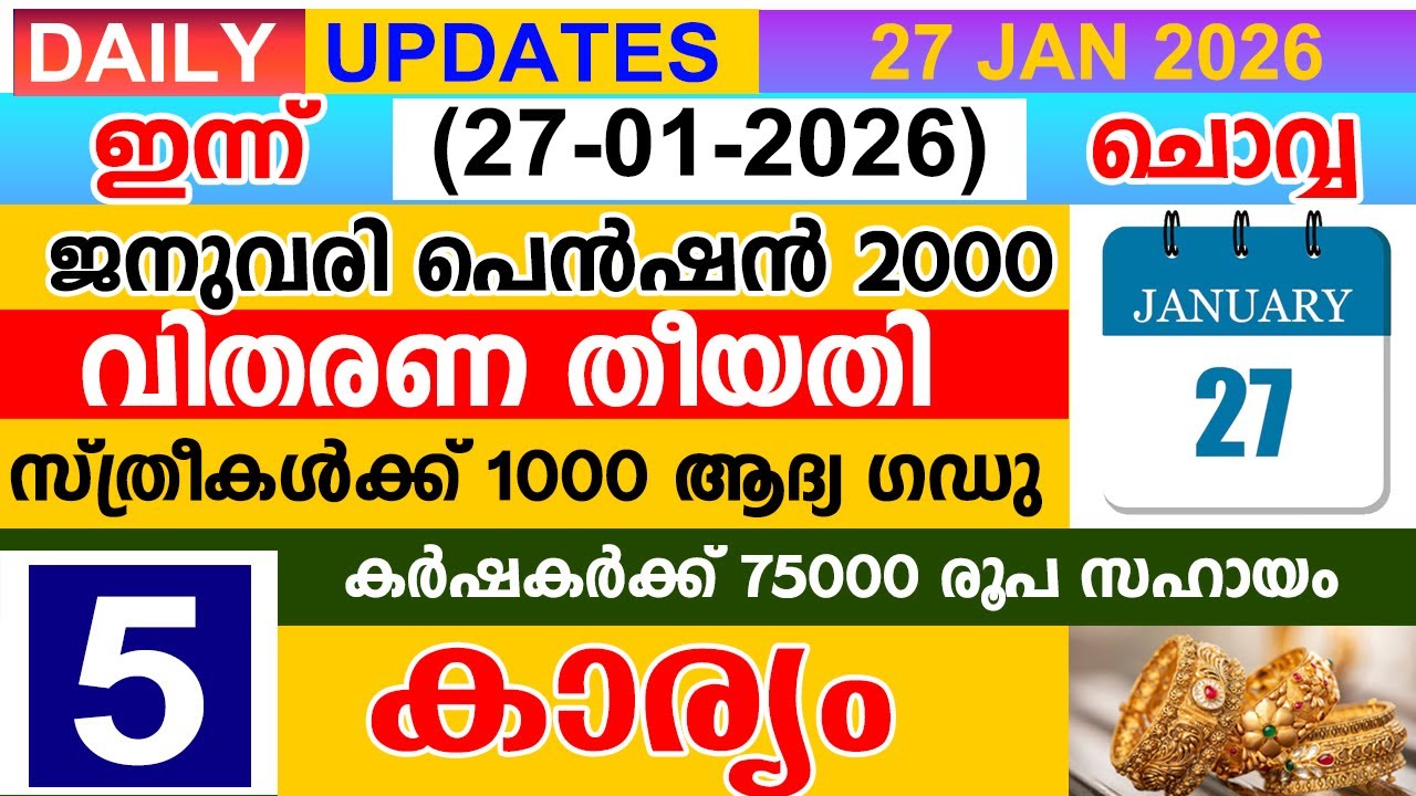 ഇന്ന്(2026 ജനുവരി 27 ചൊവ്വ) പെൻഷൻ 2000 വിതരണ തുടങ്ങുന്നു|സ്ത്രീകൾക്ക് 1000 ആദ്യഗഡു| കർഷകർക്ക് 75000