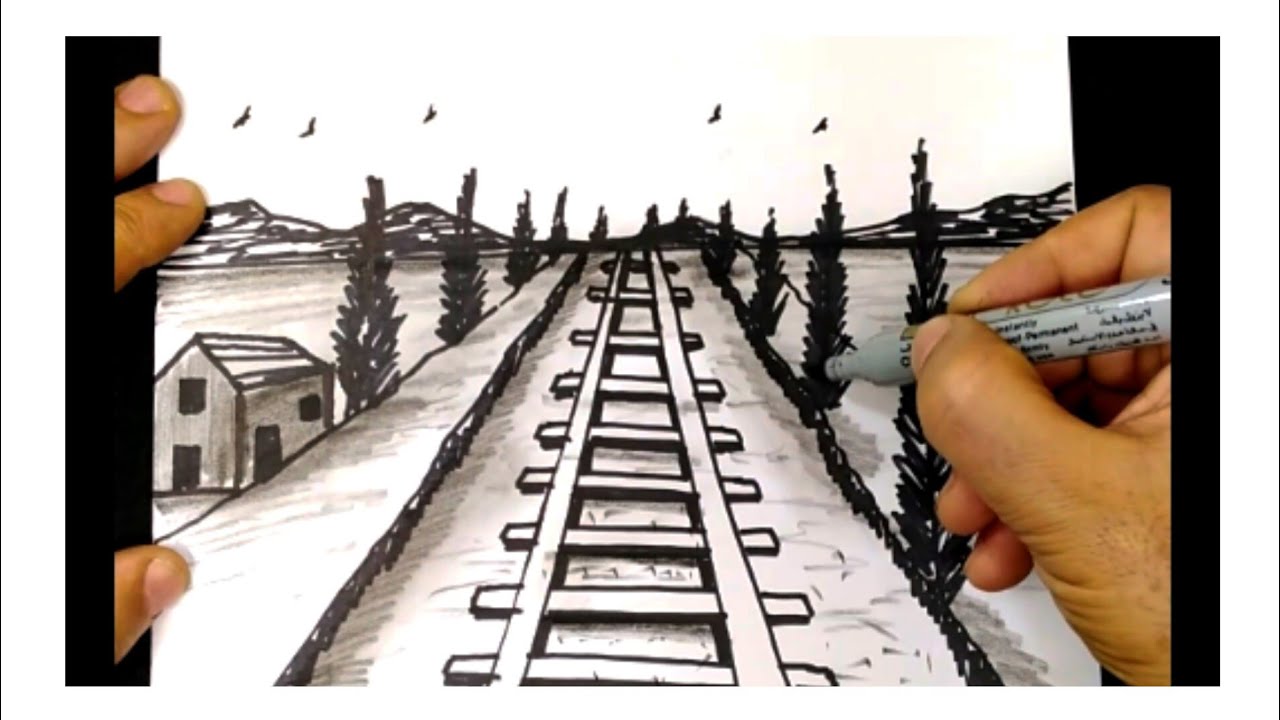 كيف أرسم منظر طبيعي بخطوات سهلة. مع سكة حديد. ورسم الأشجار