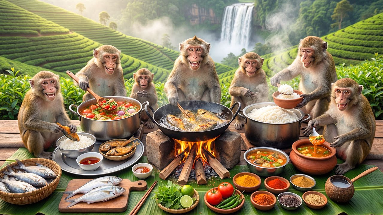 बंदरों का देसी खाना 🐒🍚 | Monkeys Cook Fried Fish & Fish Curry with Rice by Tea Hills 🌿