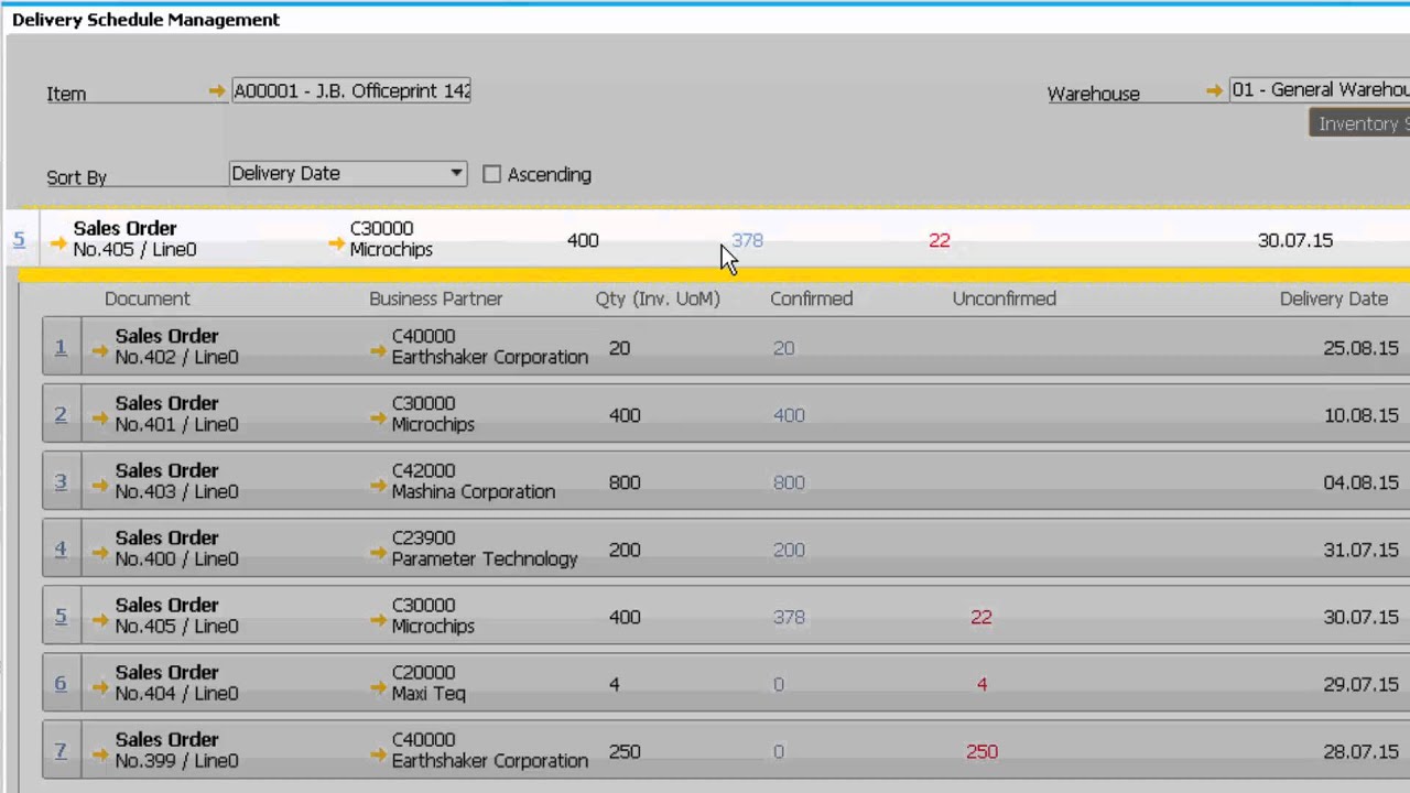 SAP Business One HANA Delivery Schedule Management