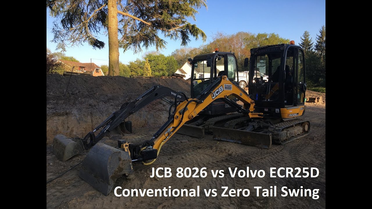 Мини-экскаваторы JCB 8026 и Volvo ECR25D с нулевым выносом и обычным выносом задней части