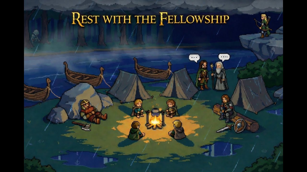 The Fellowship's Campfire 🔥 Pixel Art Ambience with Rain & River Sounds (LOTR)
