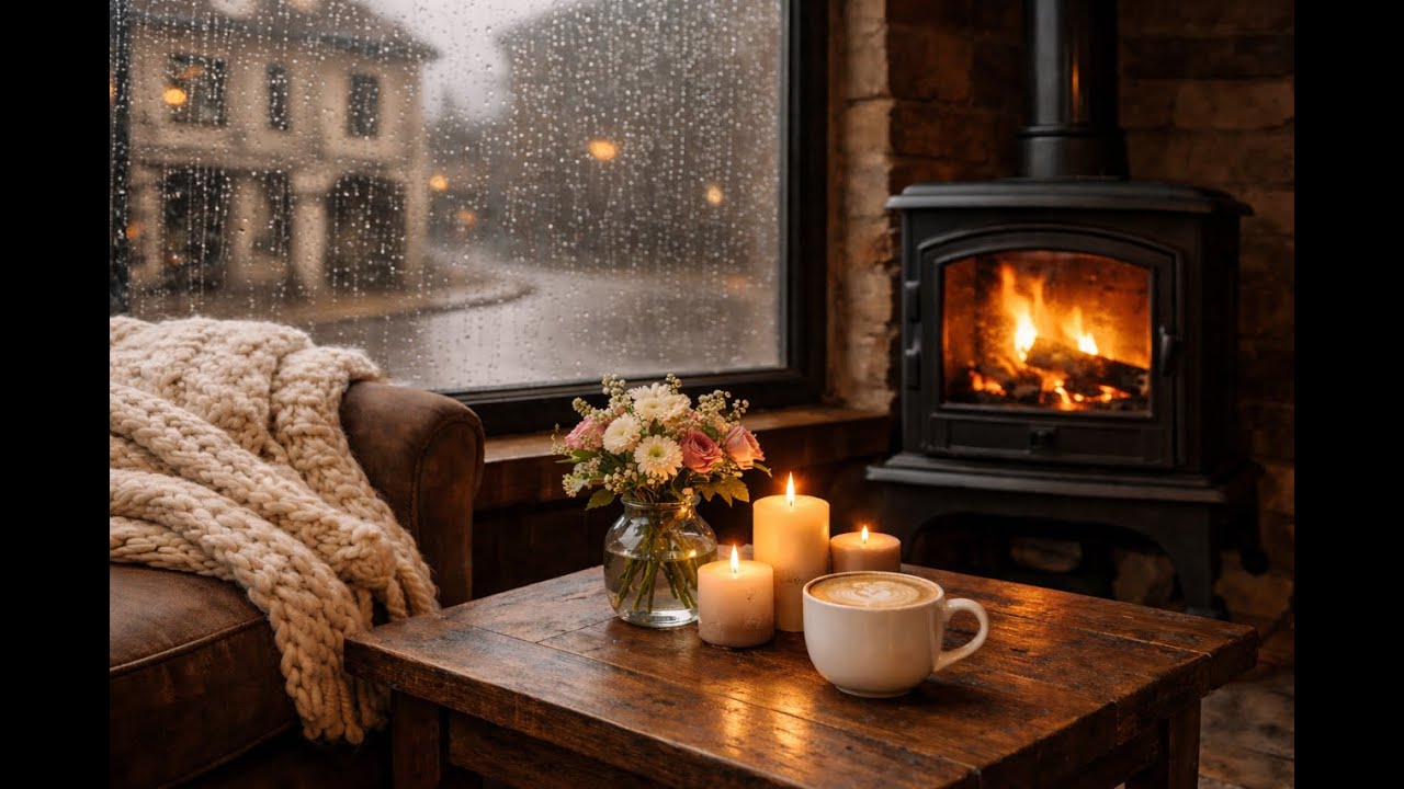 Cozy Rainy Window Cafe Ambience ☕ Fireplace & Jazz | 7 Hours Cozy Background