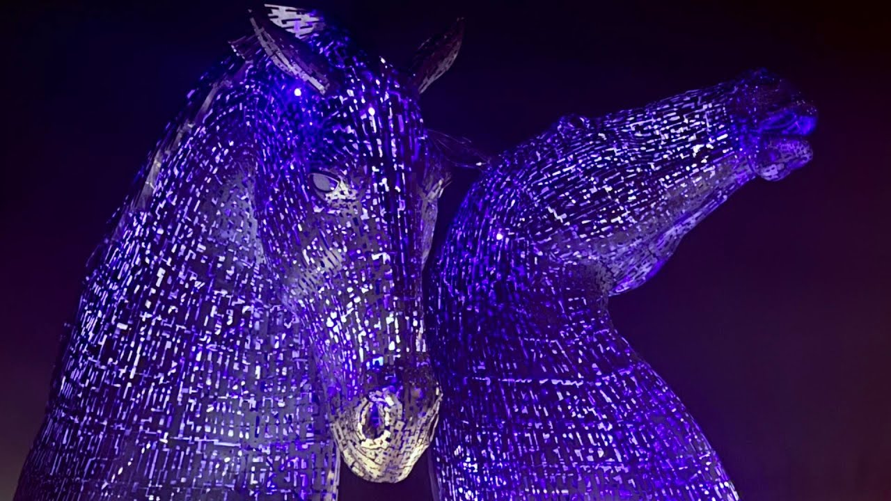 Scotlands famous Kelpies at Night Magic Drone Footage 4k Aerial Adventure Helix Park