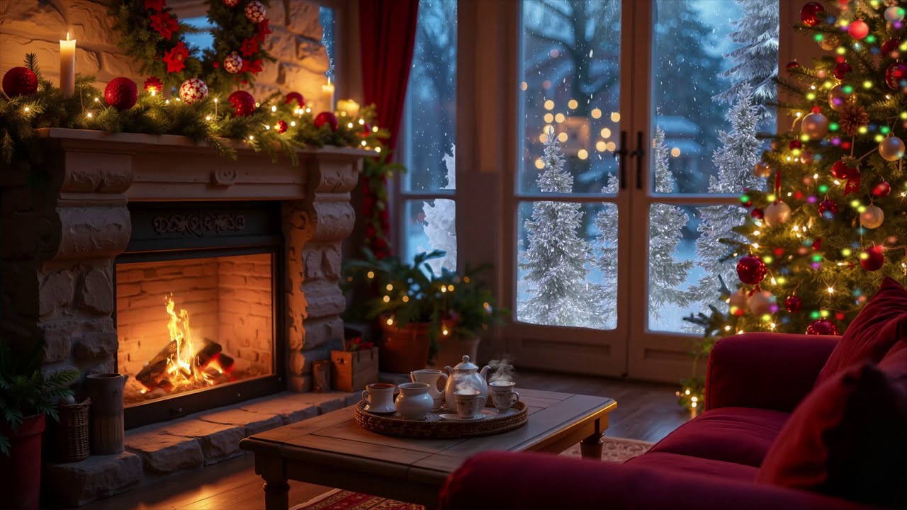 🎄Cozy Winter Living Room Ambience | Relaxing Holiday Fireplace, Soft Snowfall and Winter Comfort