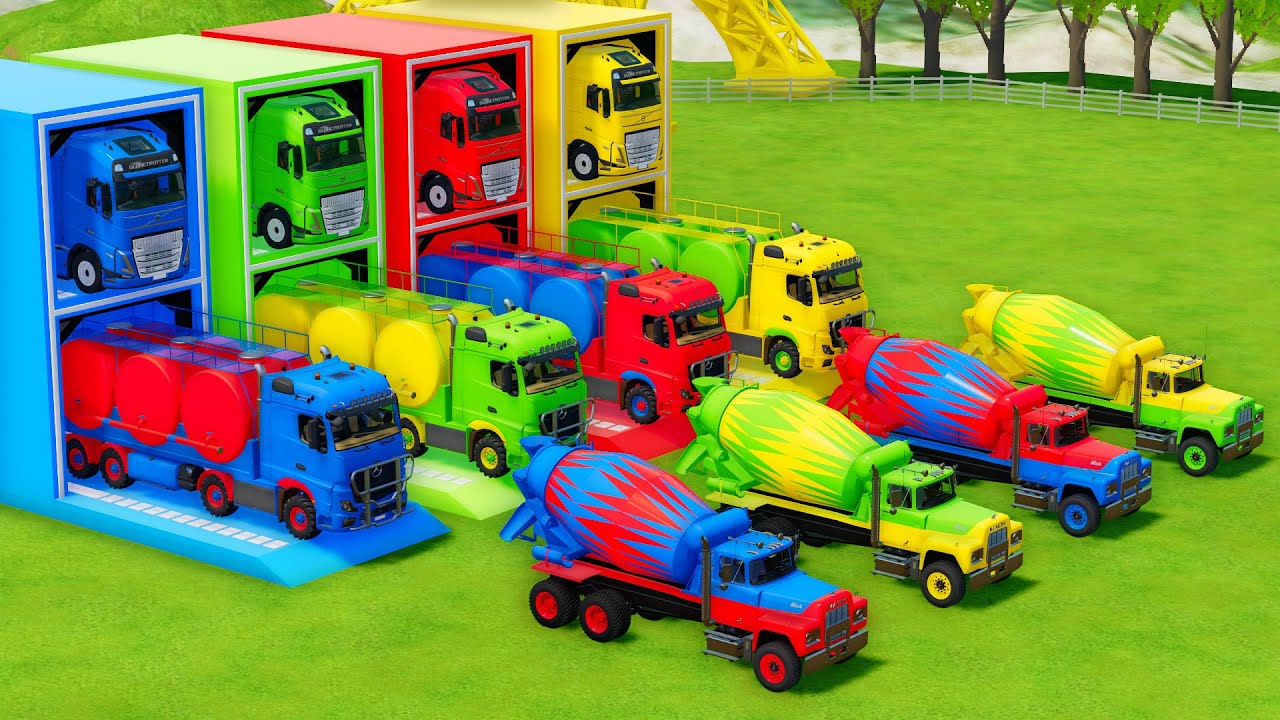 Garage with Colors - ALL MIXER TRUCK WITH DOUBLE FLATBED TRAILER TRUCK, VOLVO, MERCEDES, MACK - FS22