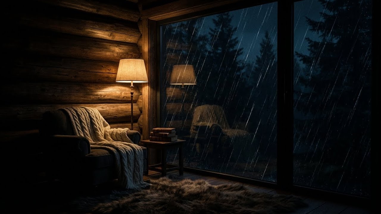 Deep Comfort: Heavy Rain Sounds in Dark Cabin with Cozy Armchair for Complete Relaxation 🏠