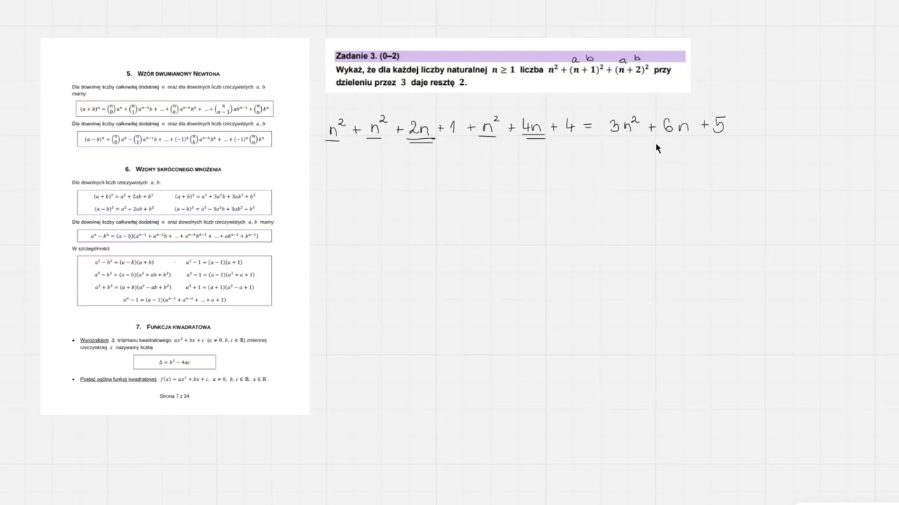 3. Wykaż, że dla każdej liczby naturalnej 𝒏 ≥ 𝟏 liczba 𝒏² + (𝒏+𝟏)² + (𝒏+𝟐)² przy dzieleniu przez 𝟑