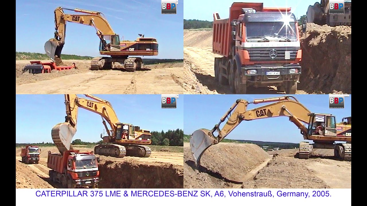 CATERPILLAR 375 LME & Mercedes Dump Trucks, Bau der Autobahn A 6, Vohenstrauss, Germany, 2005.