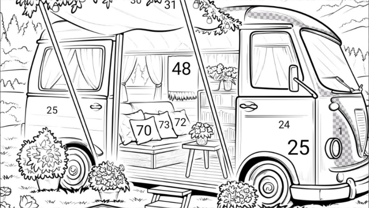 Coloring Games : A purple van that has been converted into a bohemian lounge